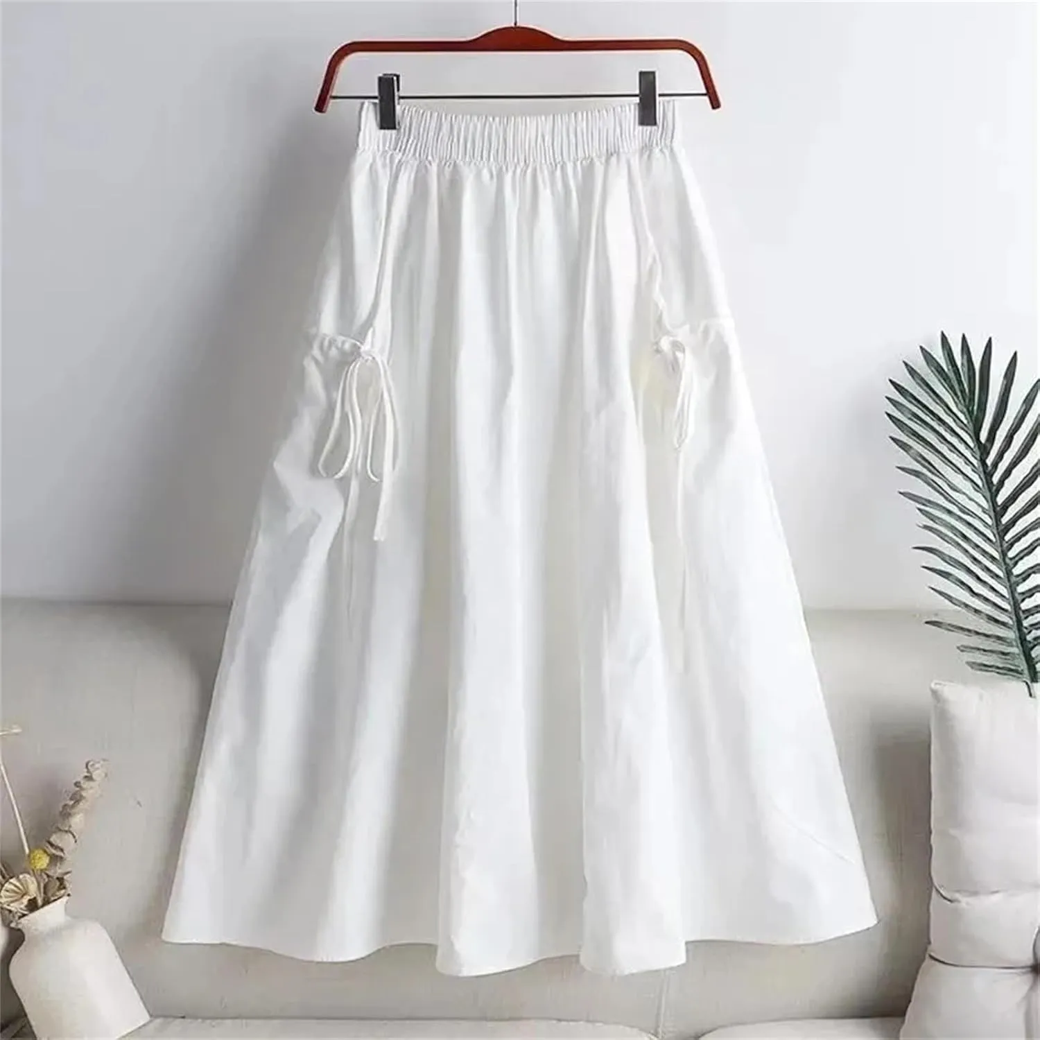 Elastic High Waist A Line Skirts for Women, Vintage Pleated Long Skirts, Loose Midi Summer Style for Females