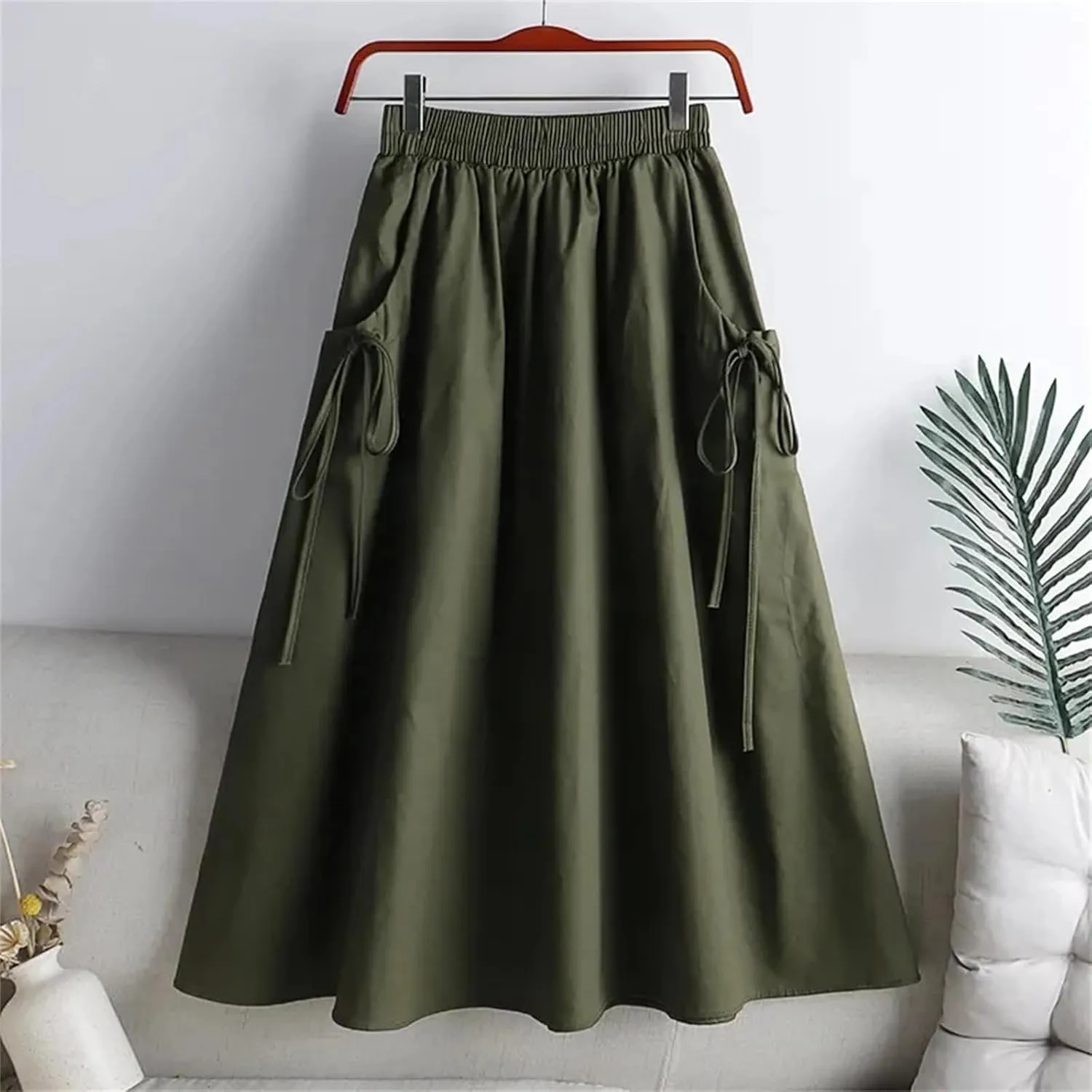 Elastic High Waist A Line Skirts for Women, Vintage Pleated Long Skirts, Loose Midi Summer Style for Females