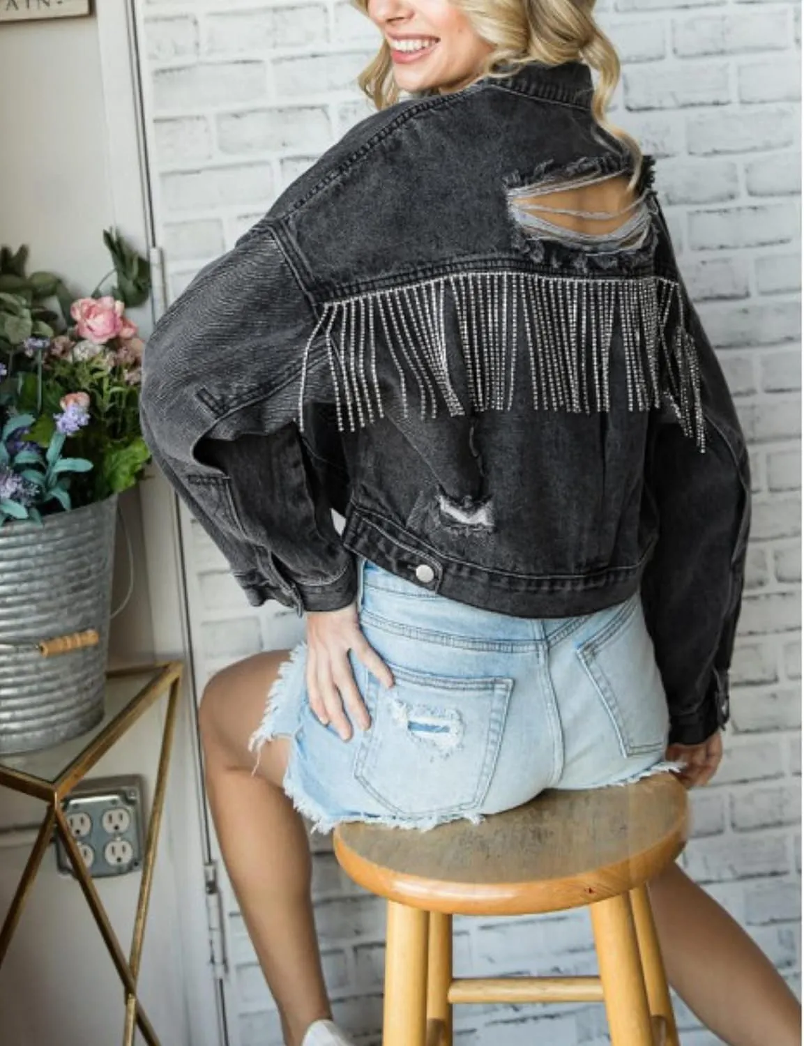 Esmeling Womens Ripped Crop Rhinestone Fringe Denim Jacket Casual Cowgirl Tassel Jean Coat