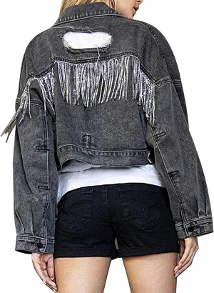 Esmeling Womens Ripped Crop Rhinestone Fringe Denim Jacket Casual Cowgirl Tassel Jean Coat