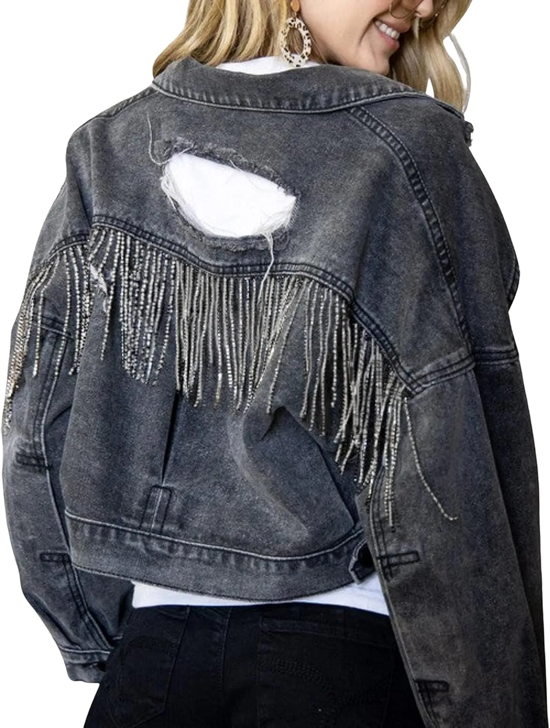 Esmeling Womens Ripped Crop Rhinestone Fringe Denim Jacket Casual Cowgirl Tassel Jean Coat