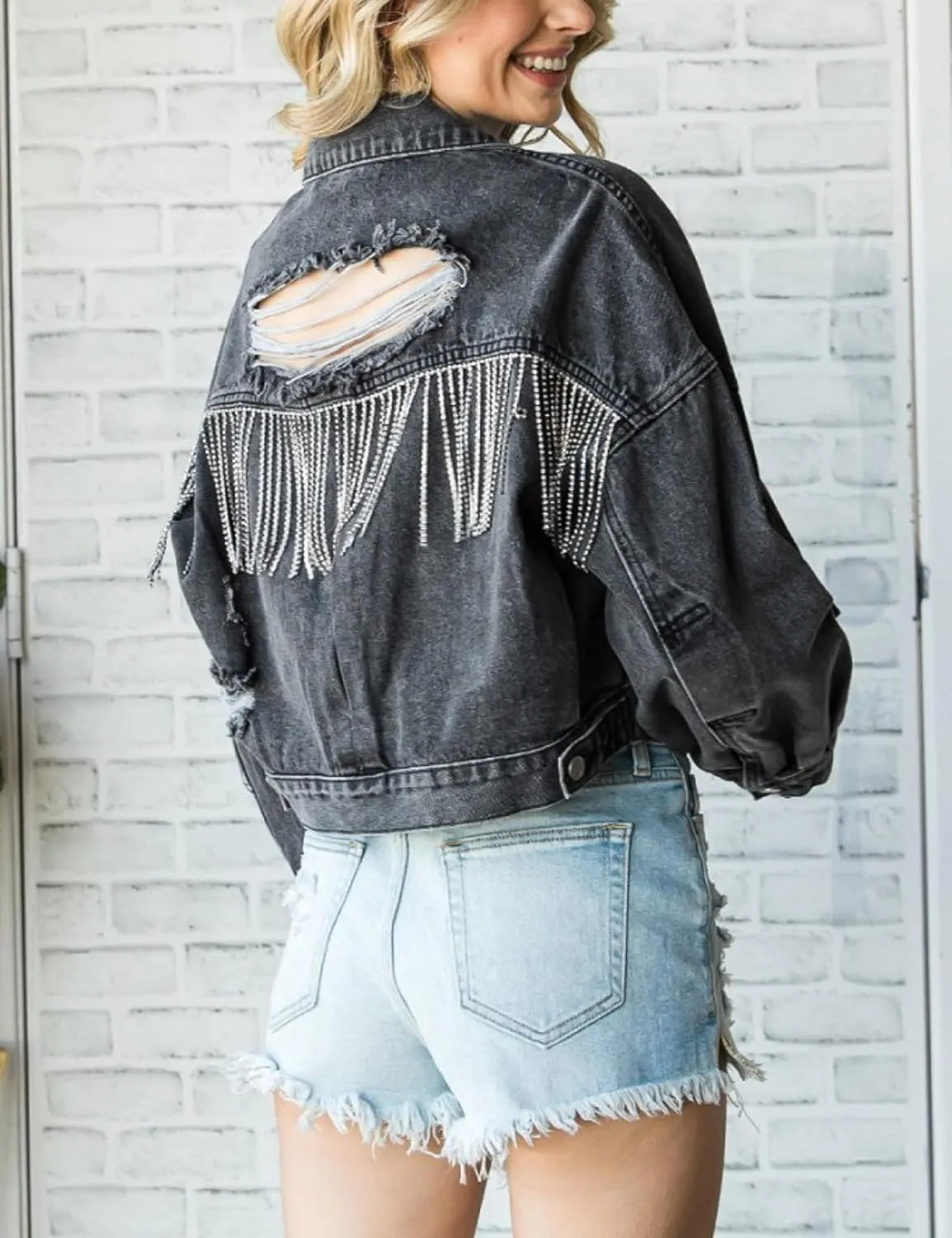 Esmeling Womens Ripped Crop Rhinestone Fringe Denim Jacket Casual Cowgirl Tassel Jean Coat