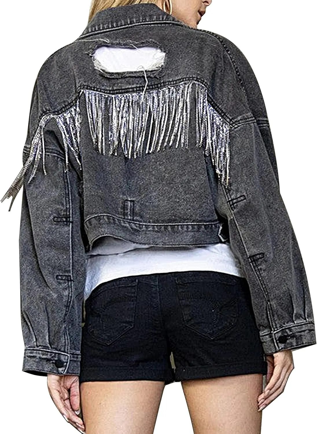 Esmeling Womens Ripped Crop Rhinestone Fringe Denim Jacket Casual Cowgirl Tassel Jean Coat