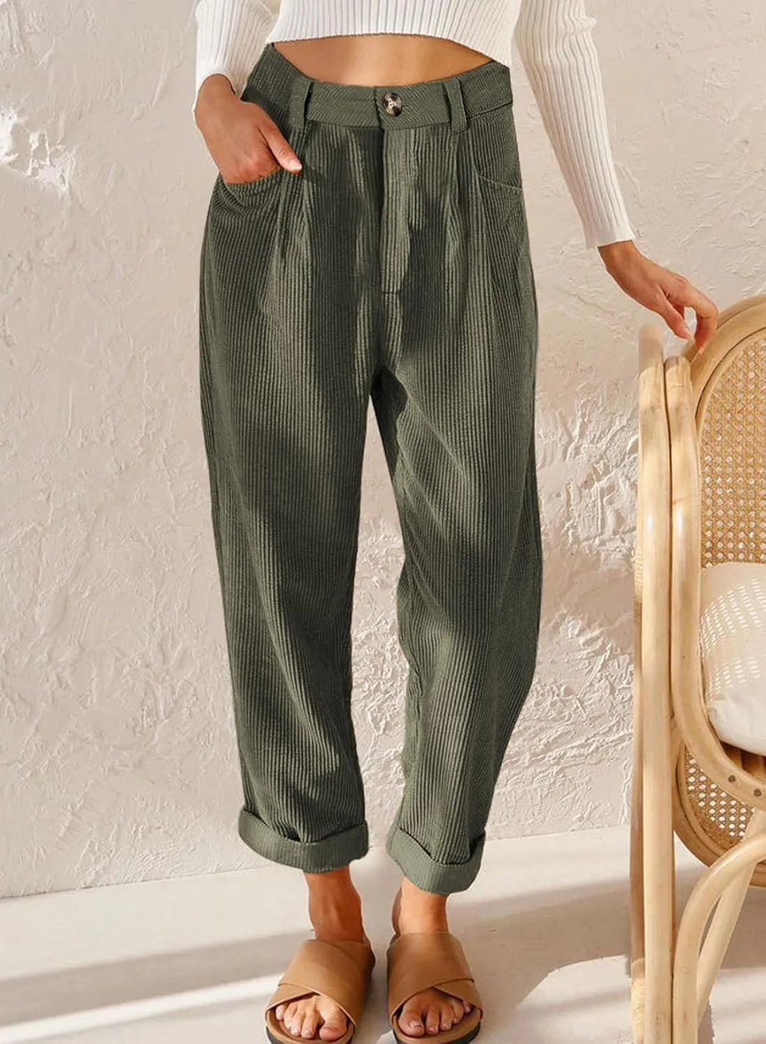 EVALESS Corduroy Pants for Women Casual High Waisted Straight Leg Pants Loose Comfy Trousers with Pockets