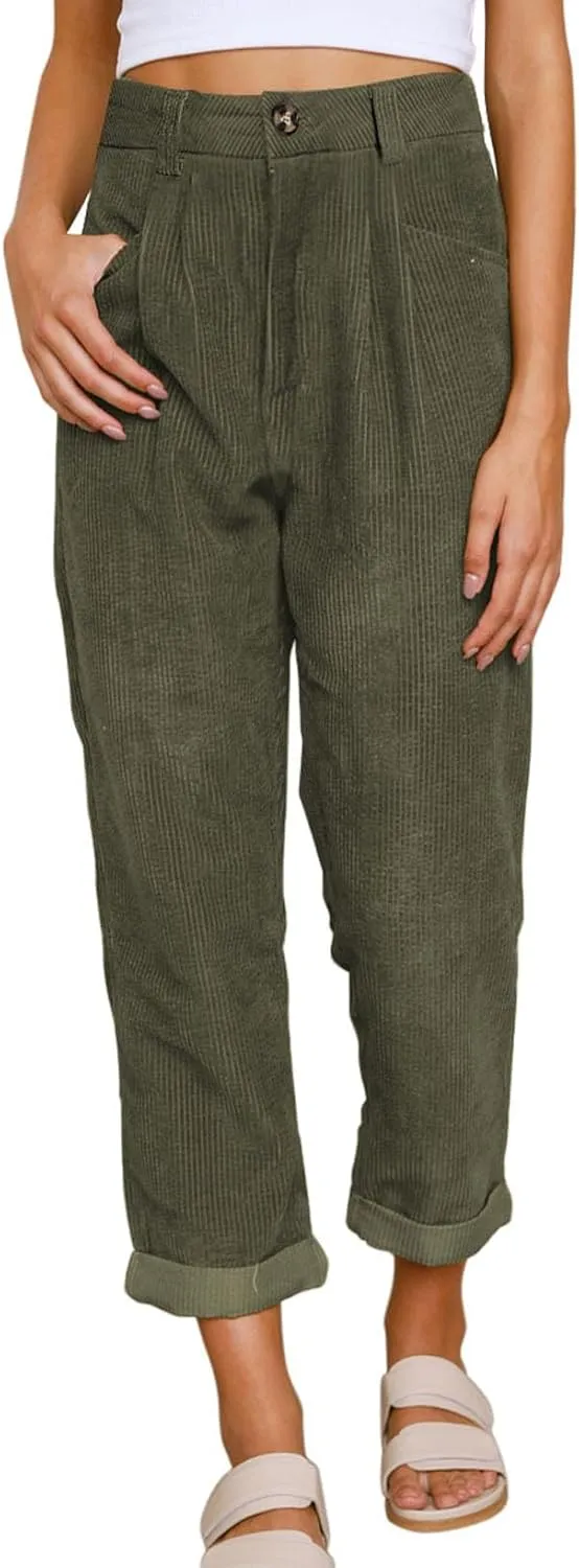 EVALESS Corduroy Pants for Women Casual High Waisted Straight Leg Pants Loose Comfy Trousers with Pockets