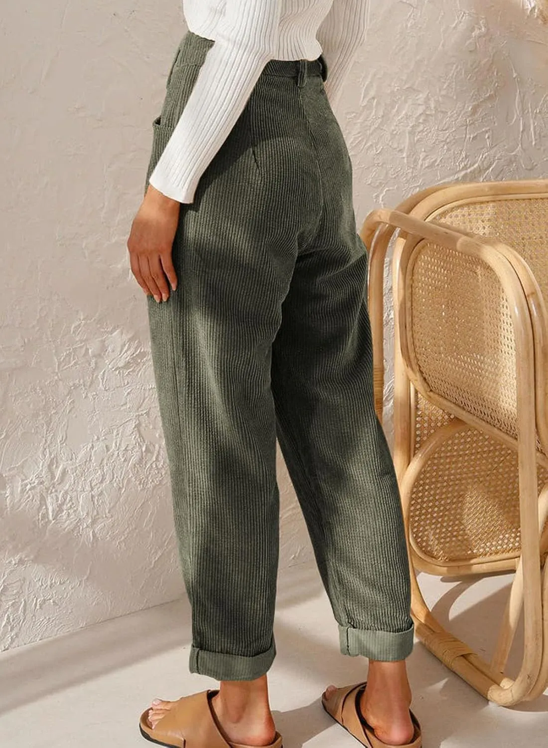 EVALESS Corduroy Pants for Women Casual High Waisted Straight Leg Pants Loose Comfy Trousers with Pockets