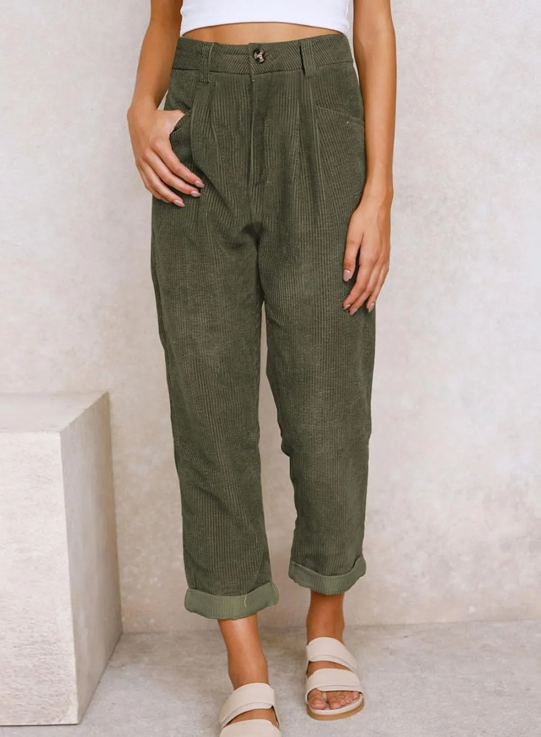 EVALESS Corduroy Pants for Women Casual High Waisted Straight Leg Pants Loose Comfy Trousers with Pockets