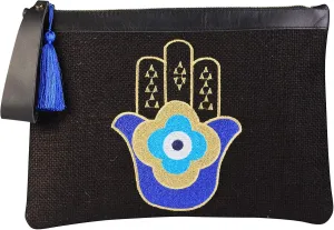 Evil Eye Embroidery Black Jute Clutch Bag Hamsa Hand Beach Summer Style, Medium