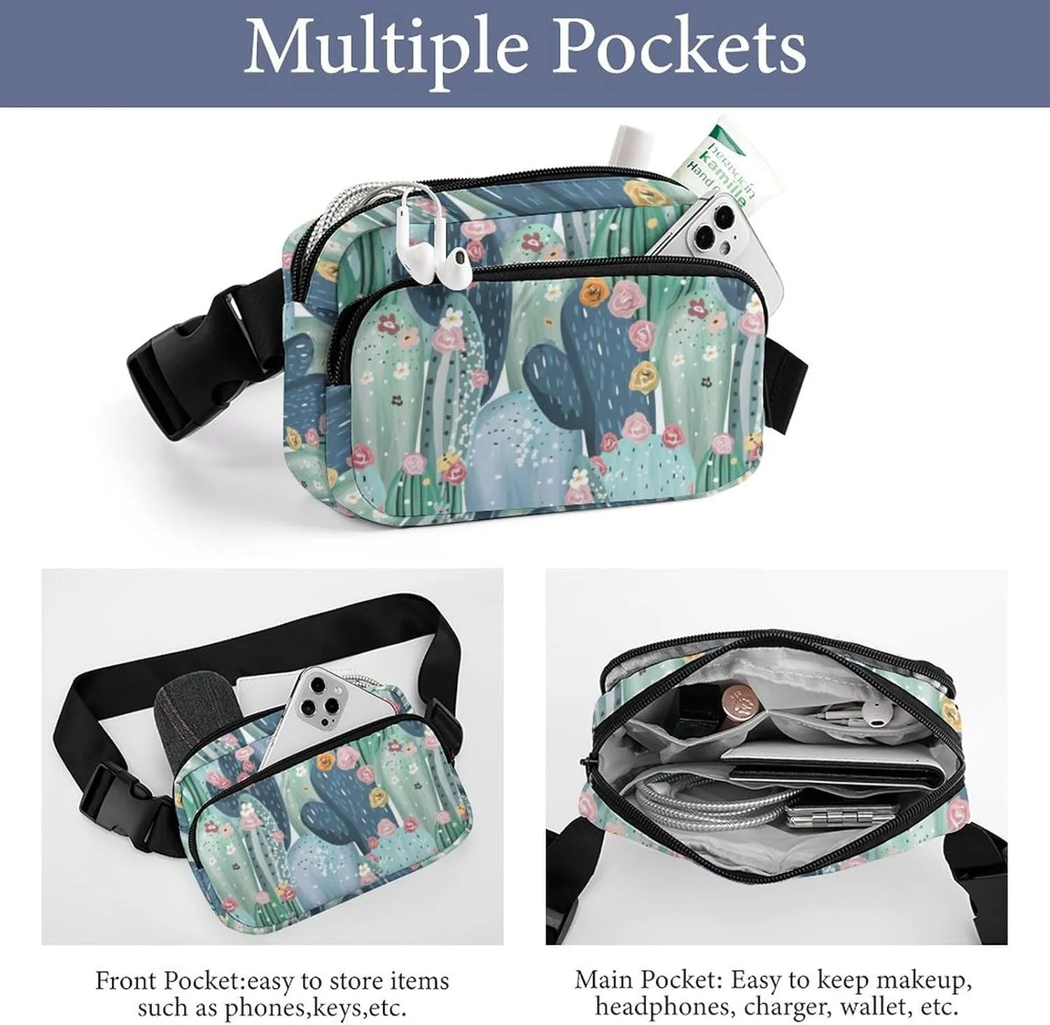 Fanny Pack for Women Men Coloful Tropical Cactus Belt Bag Succulent Cactus Summer Style Waist Pack Bum Bag for Running Cycling Hiking Travel Workout with Adjustable Strap