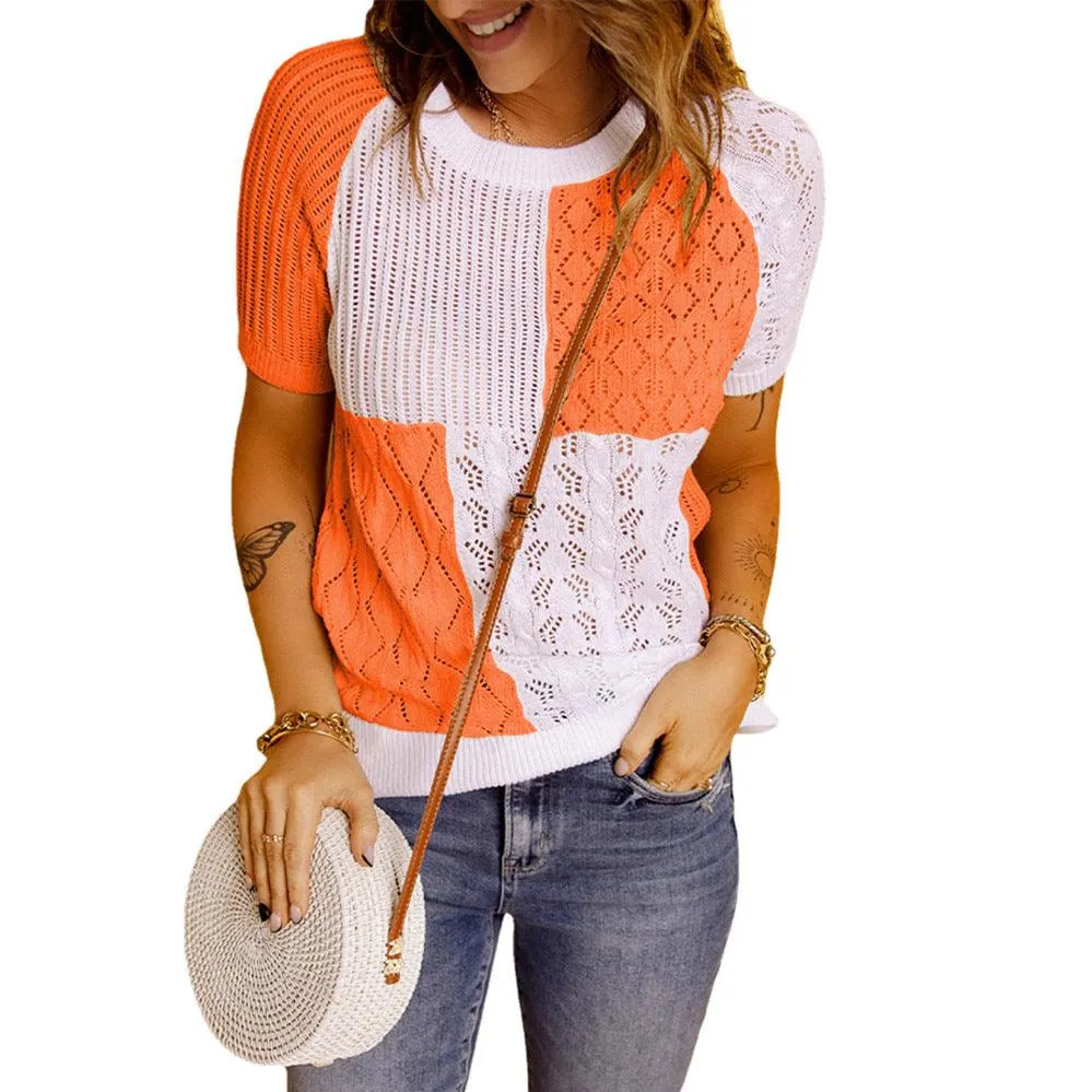 Fashion European American Summer New Color Block Knitted Short Sleeve T-shirt Top Knitwear
