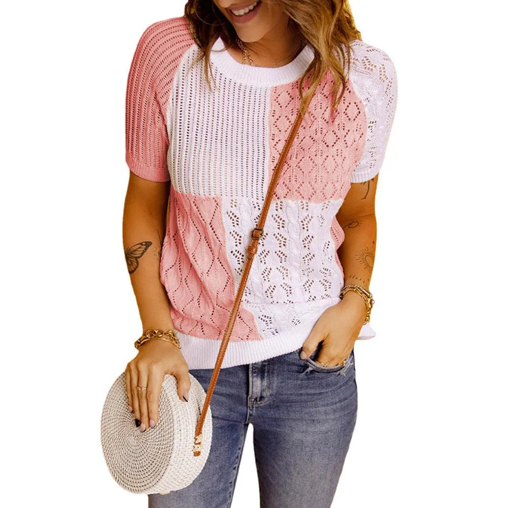 Fashion European American Summer New Color Block Knitted Short Sleeve T-shirt Top Knitwear