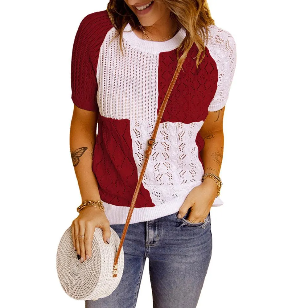 Fashion European American Summer New Color Block Knitted Short Sleeve T-shirt Top Knitwear