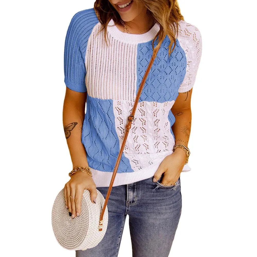 Fashion European American Summer New Color Block Knitted Short Sleeve T-shirt Top Knitwear