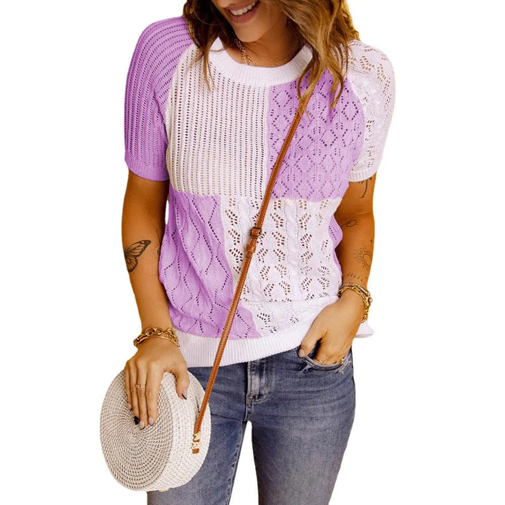Fashion European American Summer New Color Block Knitted Short Sleeve T-shirt Top Knitwear