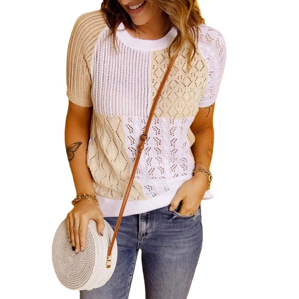 Fashion European American Summer New Color Block Knitted Short Sleeve T-shirt Top Knitwear