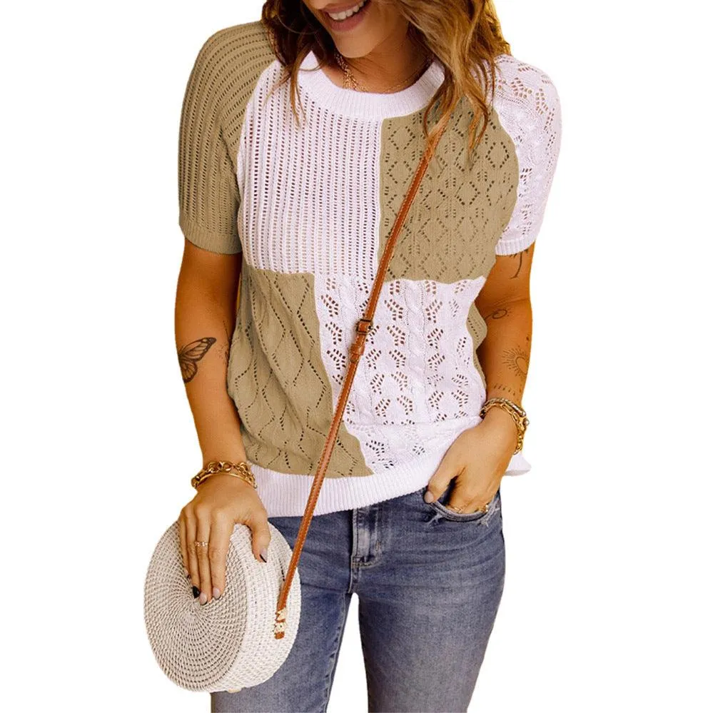 Fashion European American Summer New Color Block Knitted Short Sleeve T-shirt Top Knitwear