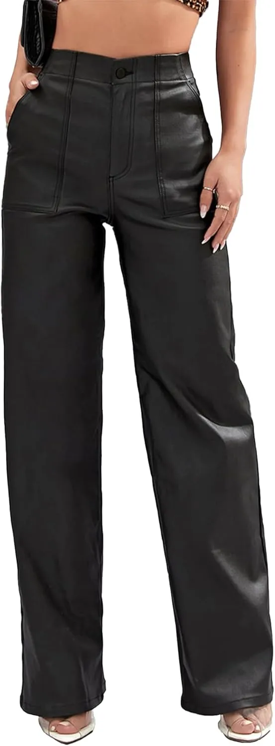 Faux Leather Pants High Waist Coated PU Button Straight Leather Black Leggings Wide Leg Pants with Pockets