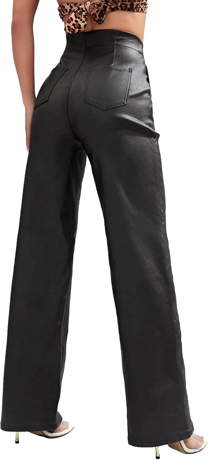 Faux Leather Pants High Waist Coated PU Button Straight Leather Black Leggings Wide Leg Pants with Pockets