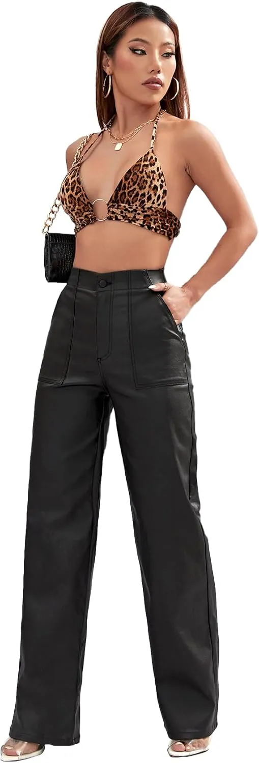 Faux Leather Pants High Waist Coated PU Button Straight Leather Black Leggings Wide Leg Pants with Pockets