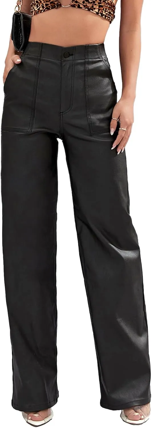 Faux Leather Pants High Waist Coated PU Button Straight Leather Black Leggings Wide Leg Pants with Pockets