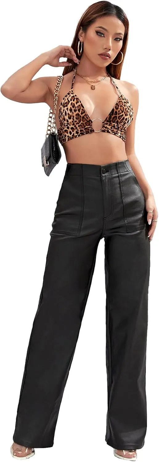 Faux Leather Pants High Waist Coated PU Button Straight Leather Black Leggings Wide Leg Pants with Pockets