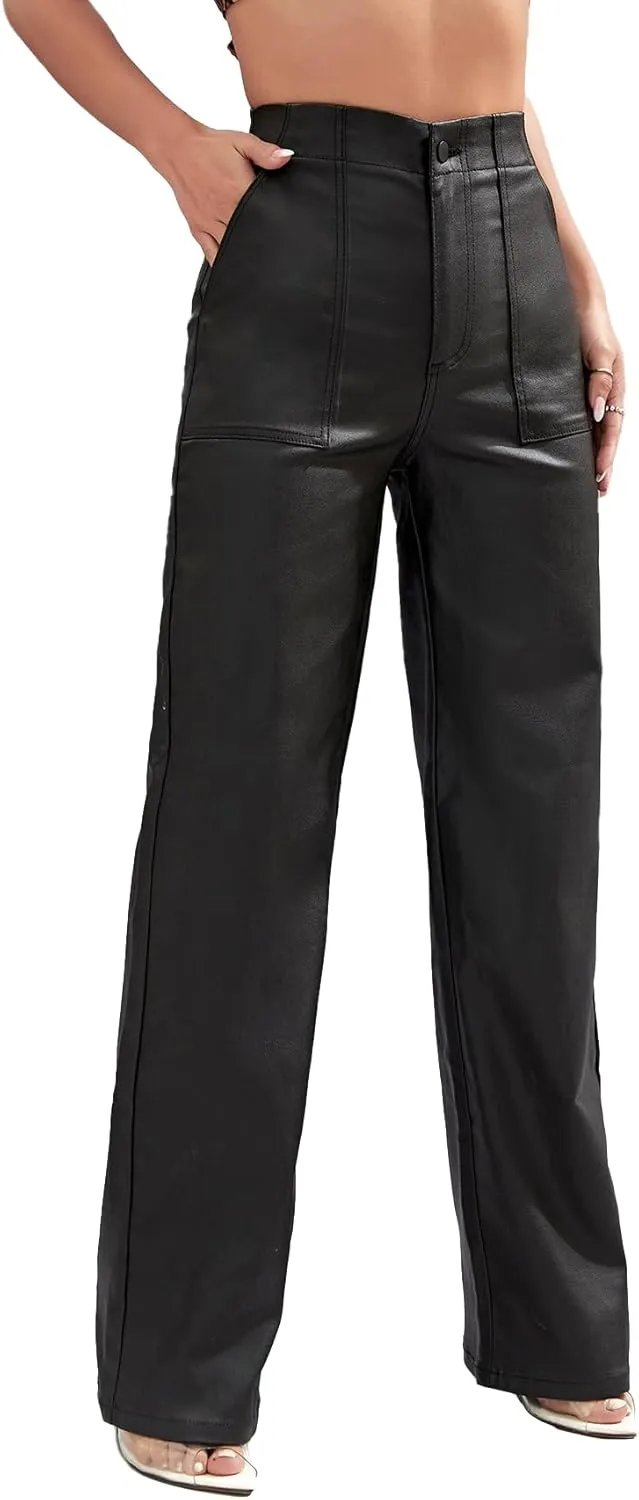 Faux Leather Pants High Waist Coated PU Button Straight Leather Black Leggings Wide Leg Pants with Pockets