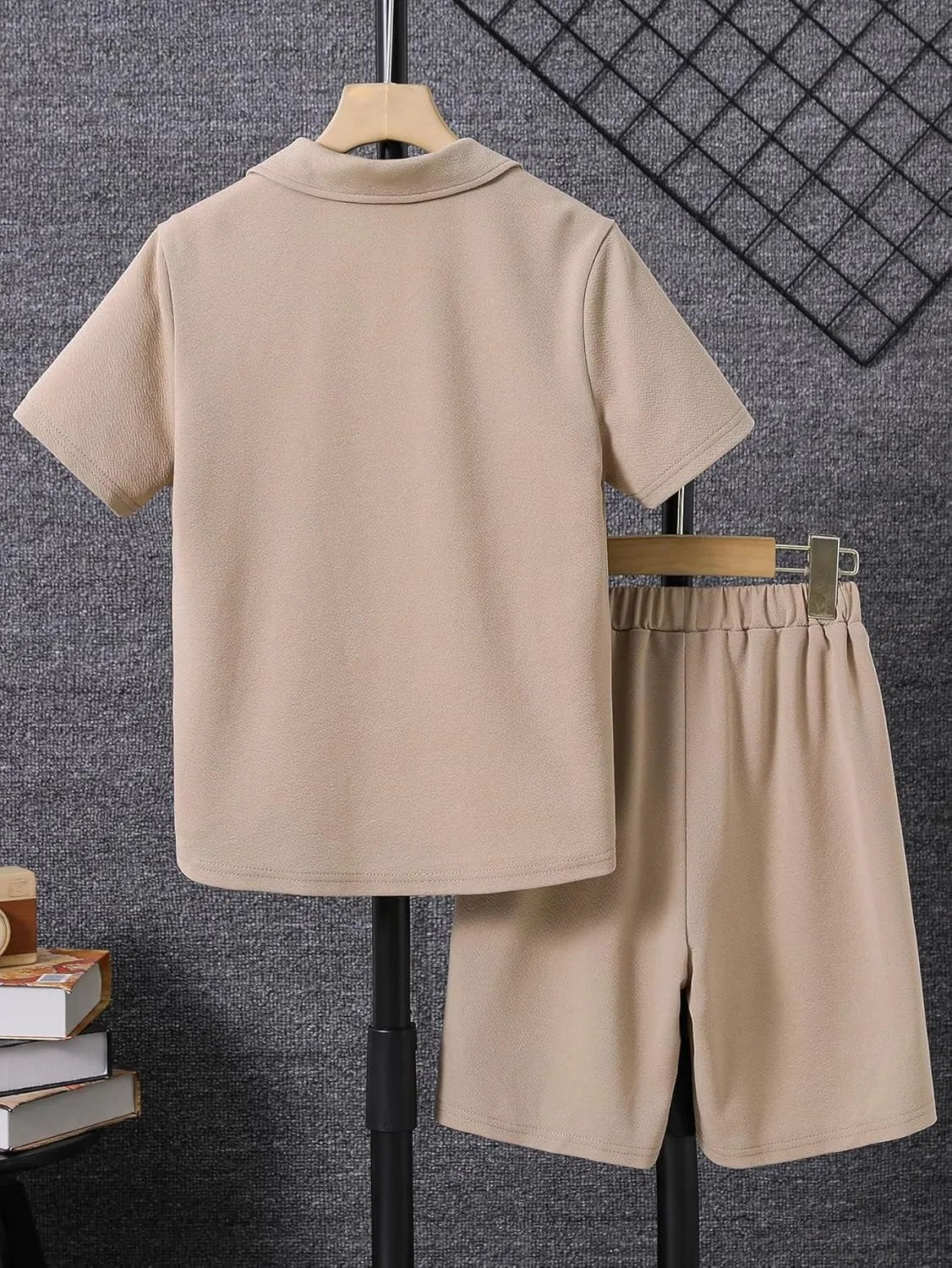 Floerns Boys Two Piece Outfit Button Front Shirt Top with Drawstring Shorts Set