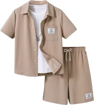 Floerns Boys Two Piece Outfit Button Front Shirt Top with Drawstring Shorts Set