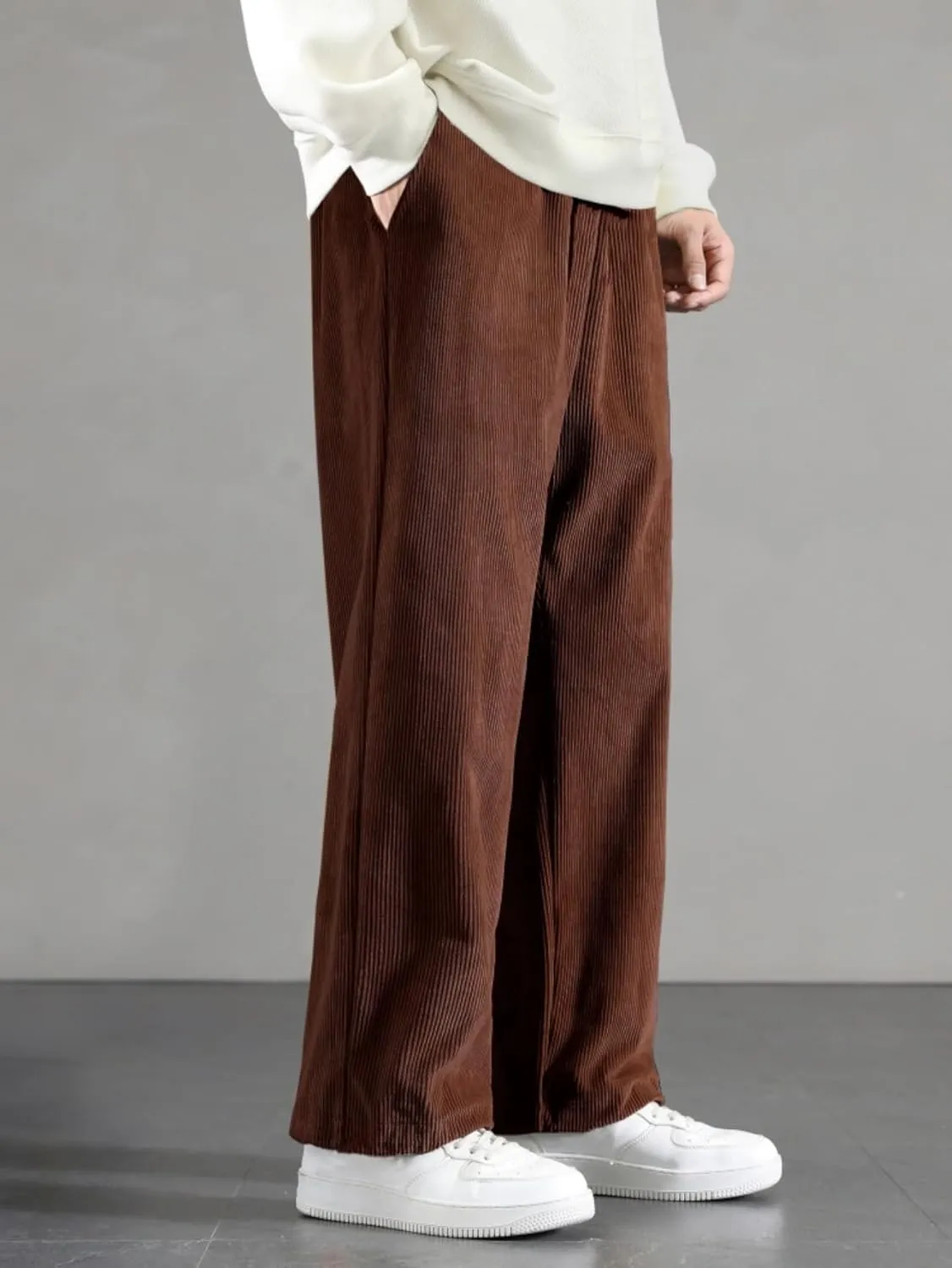 Floerns Men's Loose Fit Corduroy Elastic Waist Slant Pocket Straight Leg Pants