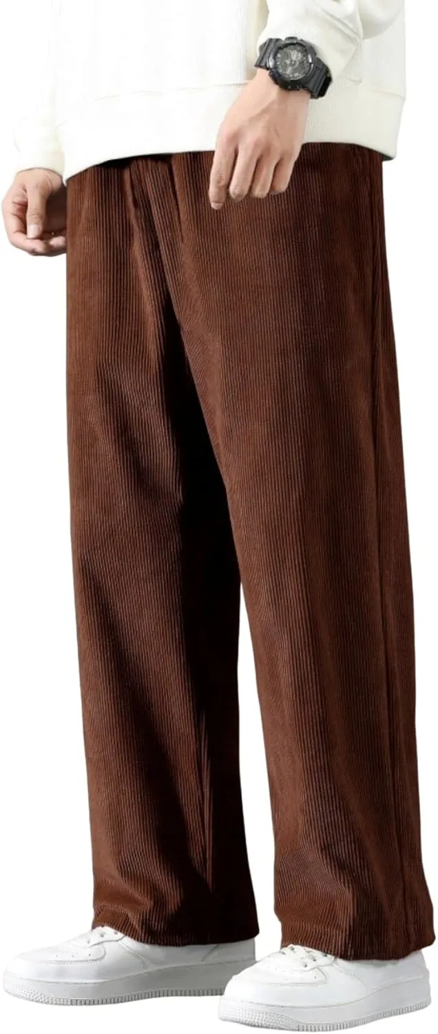Floerns Men's Loose Fit Corduroy Elastic Waist Slant Pocket Straight Leg Pants