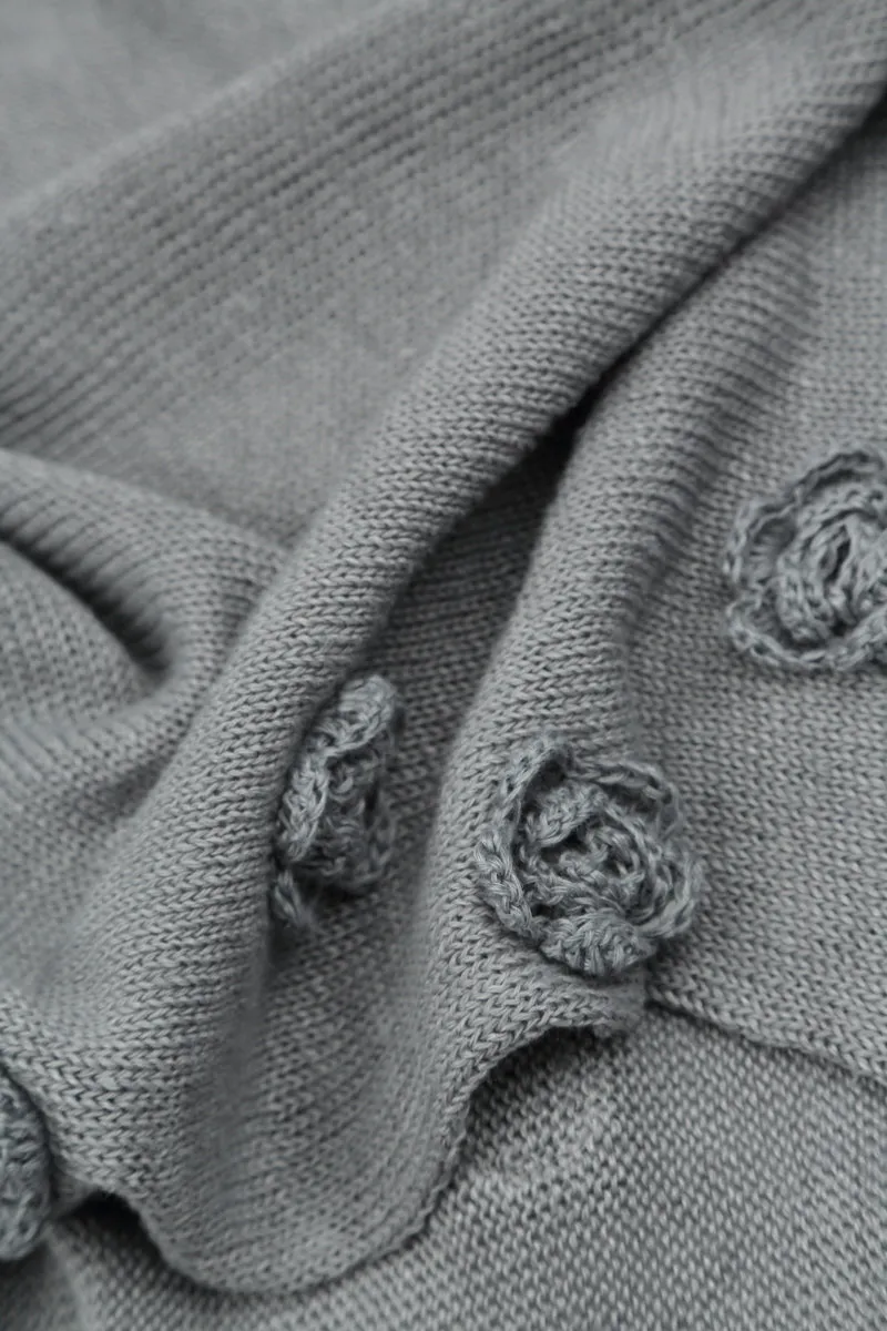 Flowers Decorated Light Grey Linen Jumper
