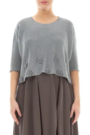 Flowers Decorated Light Grey Linen Jumper