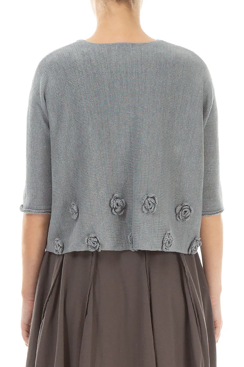 Flowers Decorated Light Grey Linen Jumper