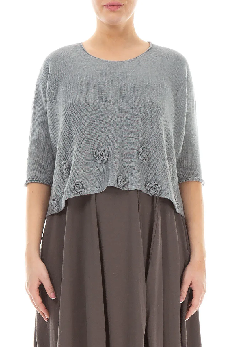 Flowers Decorated Light Grey Linen Jumper