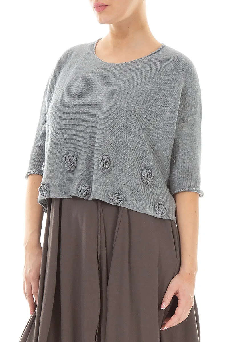 Flowers Decorated Light Grey Linen Jumper
