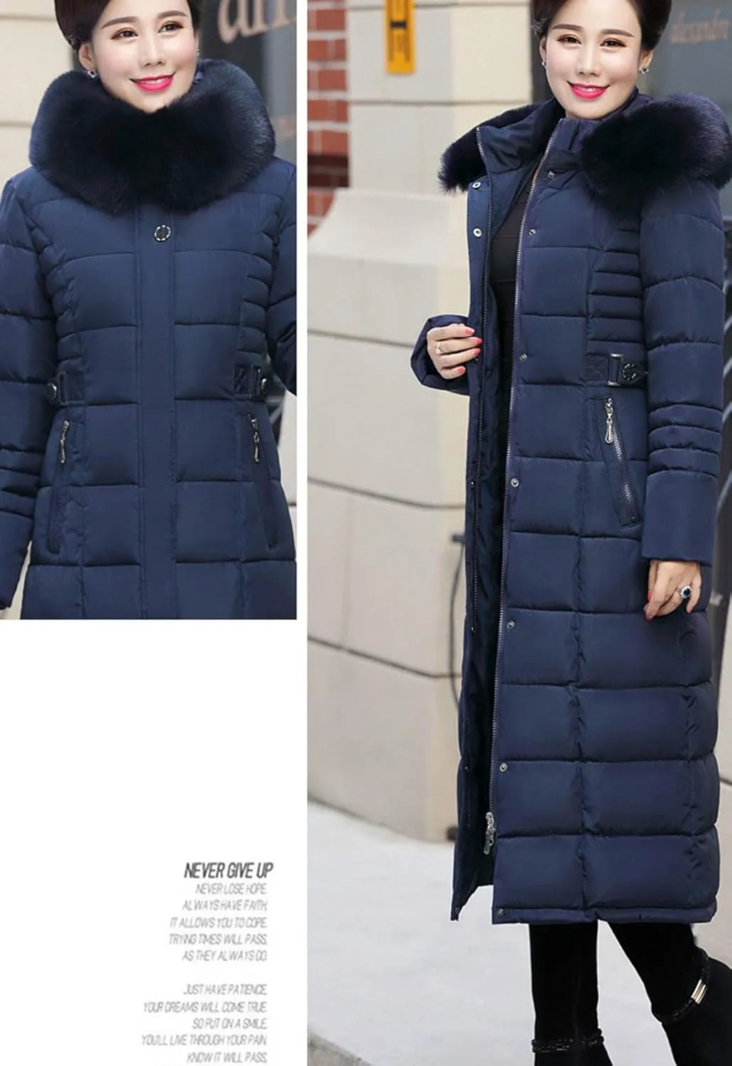 Flygo Women's Winter Warm Fur Hooded Down Coat Maxi Long Outwear