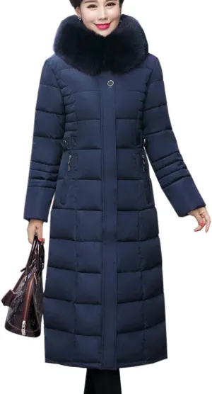 Flygo Women's Winter Warm Fur Hooded Down Coat Maxi Long Outwear