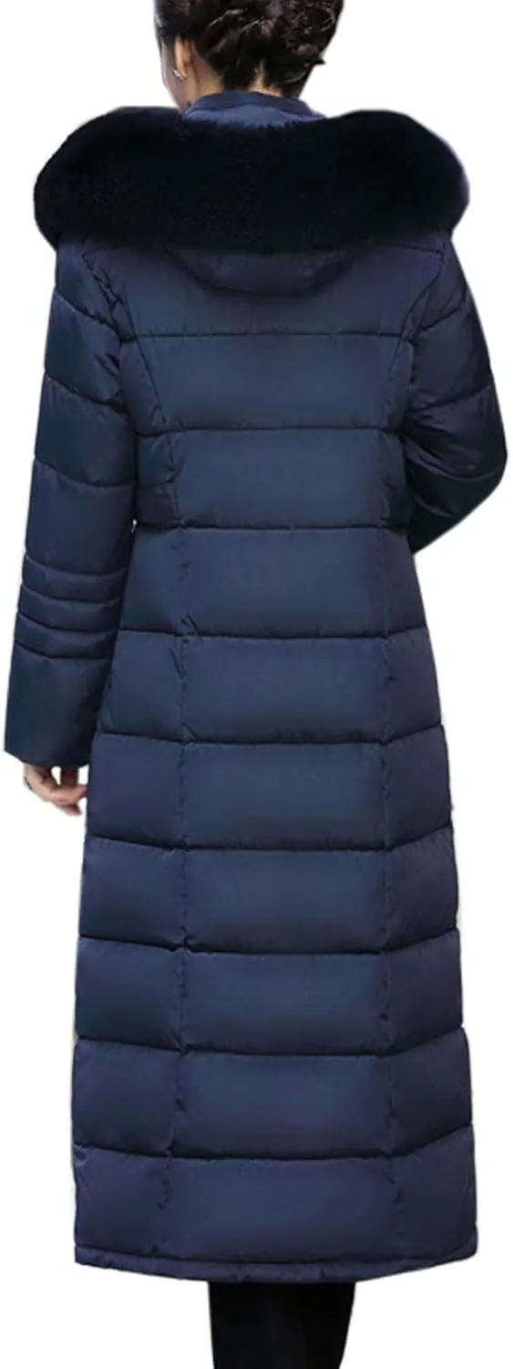 Flygo Women's Winter Warm Fur Hooded Down Coat Maxi Long Outwear