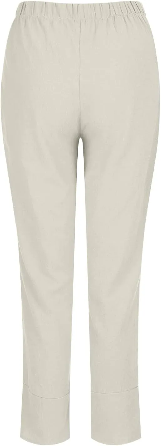FZYLQY Capri Pants for Womens Casual Summer Cotton Linen Pants Loose Elastic Waist Capris Trousers Wide Leg Cropped Pants