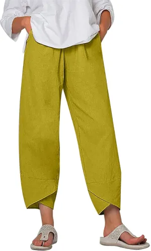 FZYLQY Capri Pants for Womens Casual Summer Cotton Linen Pants Loose Elastic Waist Capris Trousers Wide Leg Cropped Pants