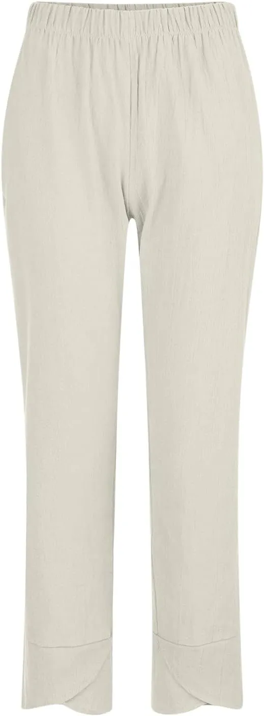 FZYLQY Capri Pants for Womens Casual Summer Cotton Linen Pants Loose Elastic Waist Capris Trousers Wide Leg Cropped Pants