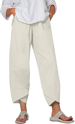FZYLQY Capri Pants for Womens Casual Summer Cotton Linen Pants Loose Elastic Waist Capris Trousers Wide Leg Cropped Pants