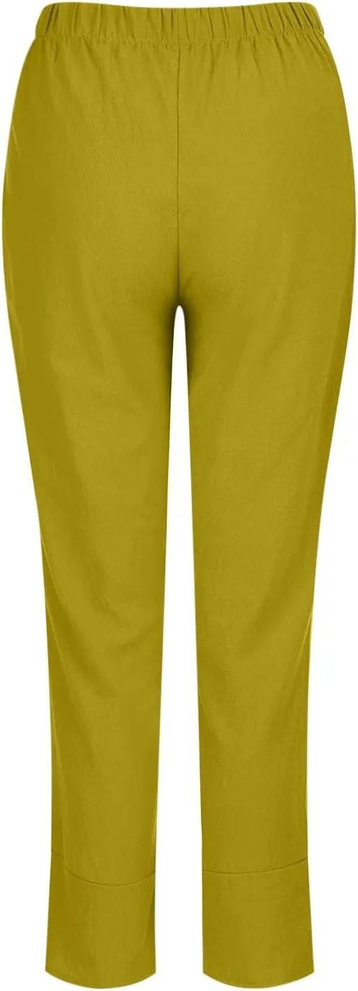 FZYLQY Capri Pants for Womens Casual Summer Cotton Linen Pants Loose Elastic Waist Capris Trousers Wide Leg Cropped Pants