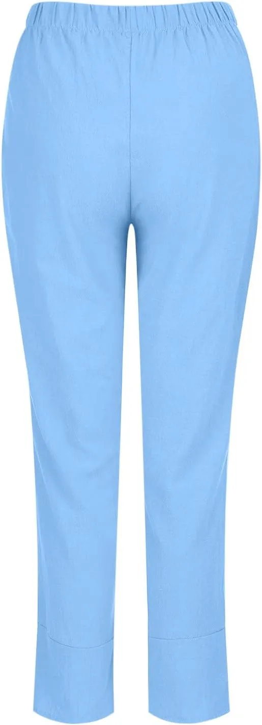 FZYLQY Capri Pants for Womens Casual Summer Cotton Linen Pants Loose Elastic Waist Capris Trousers Wide Leg Cropped Pants