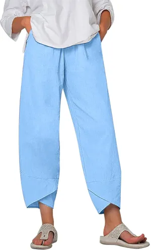 FZYLQY Capri Pants for Womens Casual Summer Cotton Linen Pants Loose Elastic Waist Capris Trousers Wide Leg Cropped Pants