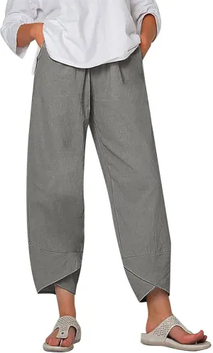 FZYLQY Capri Pants for Womens Casual Summer Cotton Linen Pants Loose Elastic Waist Capris Trousers Wide Leg Cropped Pants