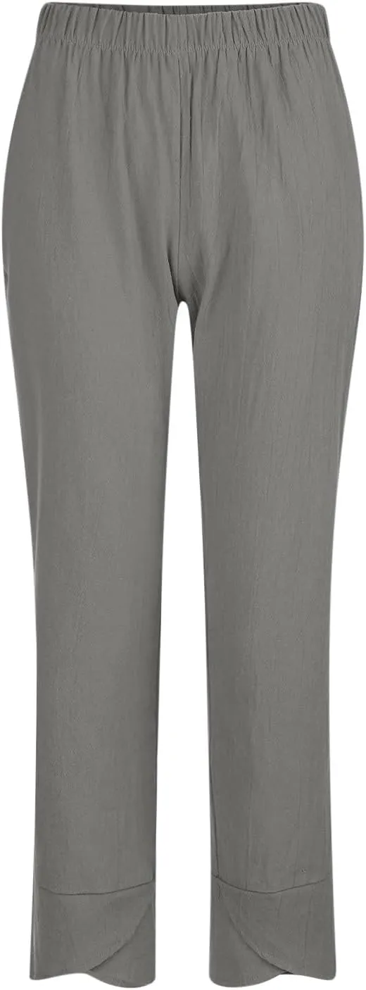 FZYLQY Capri Pants for Womens Casual Summer Cotton Linen Pants Loose Elastic Waist Capris Trousers Wide Leg Cropped Pants