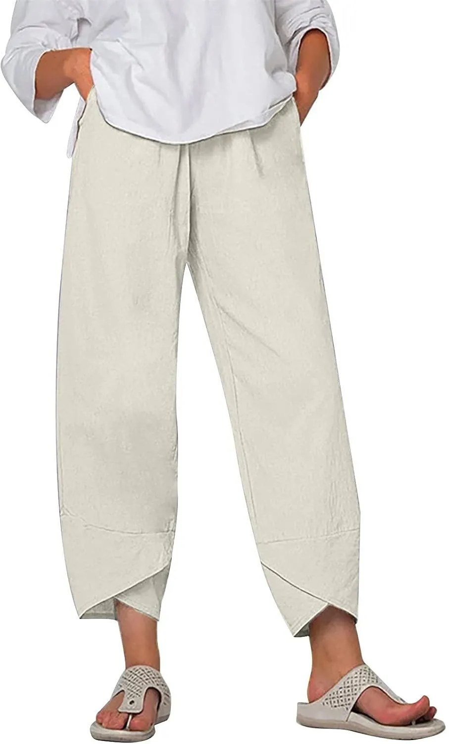 FZYLQY Capri Pants for Womens Casual Summer Cotton Linen Pants Loose Elastic Waist Capris Trousers Wide Leg Cropped Pants