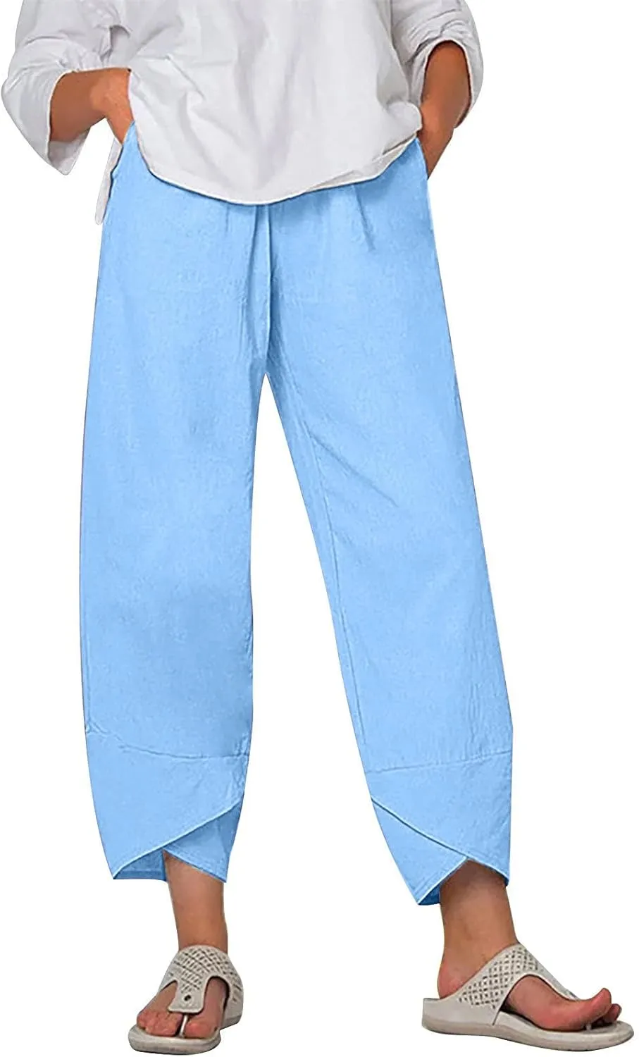FZYLQY Capri Pants for Womens Casual Summer Cotton Linen Pants Loose Elastic Waist Capris Trousers Wide Leg Cropped Pants