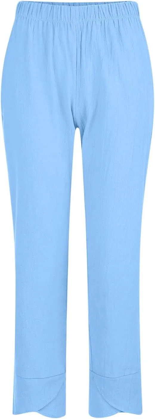 FZYLQY Capri Pants for Womens Casual Summer Cotton Linen Pants Loose Elastic Waist Capris Trousers Wide Leg Cropped Pants